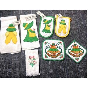 Vtg CANNON  kitchen towel Sugar & Spice Farmer & Sun Bonnet Oven Mitt Pot Holder